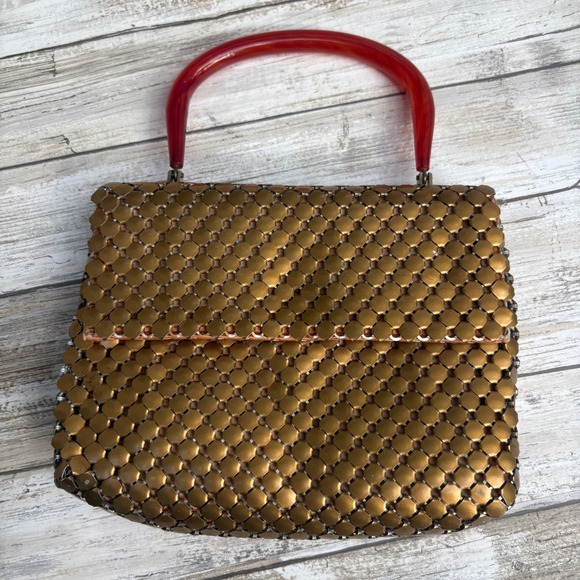 Whiting & Davis Handbags - VTG Whiting & Davis Handbag Bronze Mesh Lucite Top Handle MCM Glamour   Art Deco